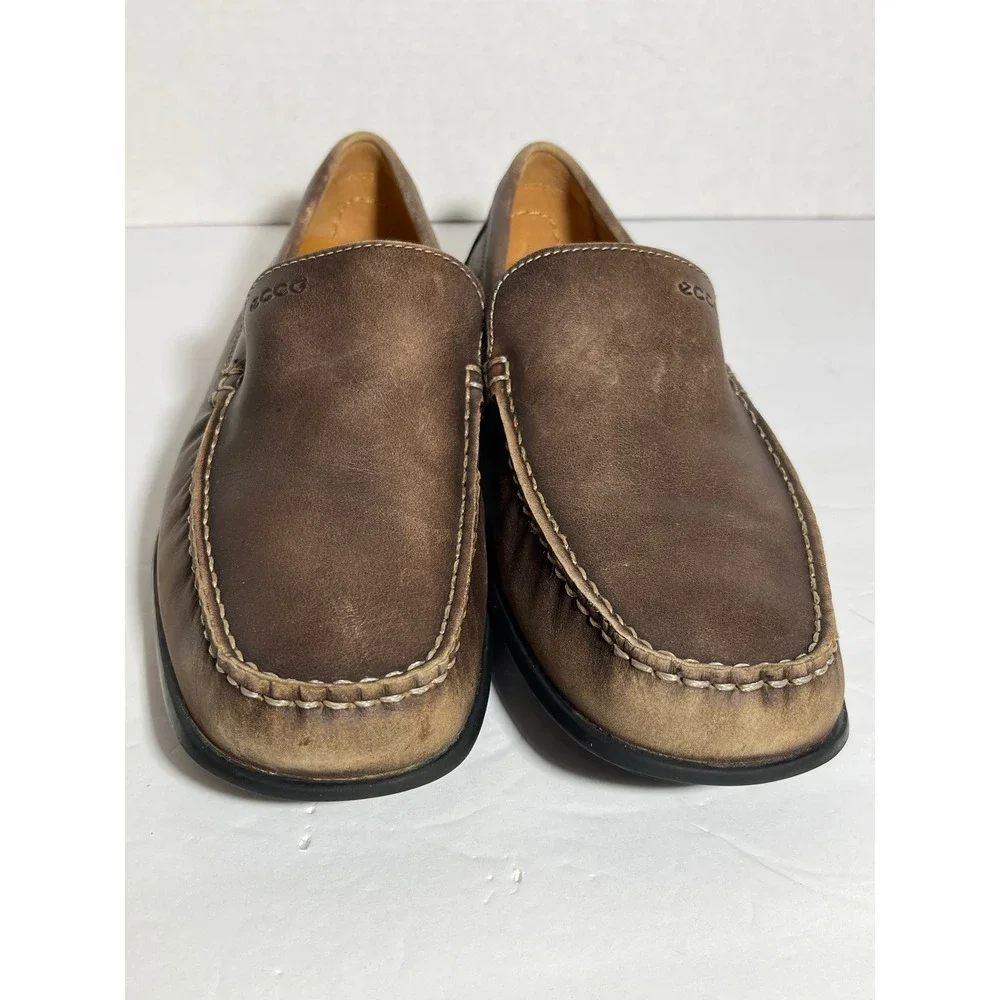 ECCO Mens Brown Leather Handsewn Loafers Slip On Driving Shoes Size 43 9 9.5